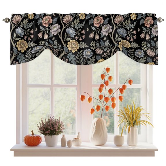 Vintage Garden Flower Tie Up Valance Curtains for Windows, Kitchen Curtains Window Treatments, Rustic Floral Leaf Pastoral Black Short Window Shades Valances for Bedroom Bathroom Cafe 42"x18"