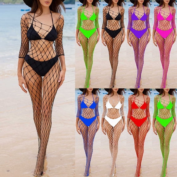 JSGEK Women Triangle Bikini Set with Fishnet Cover Up Sheer Long Sleeve Lingerie for Beach Vacation Black Free Size