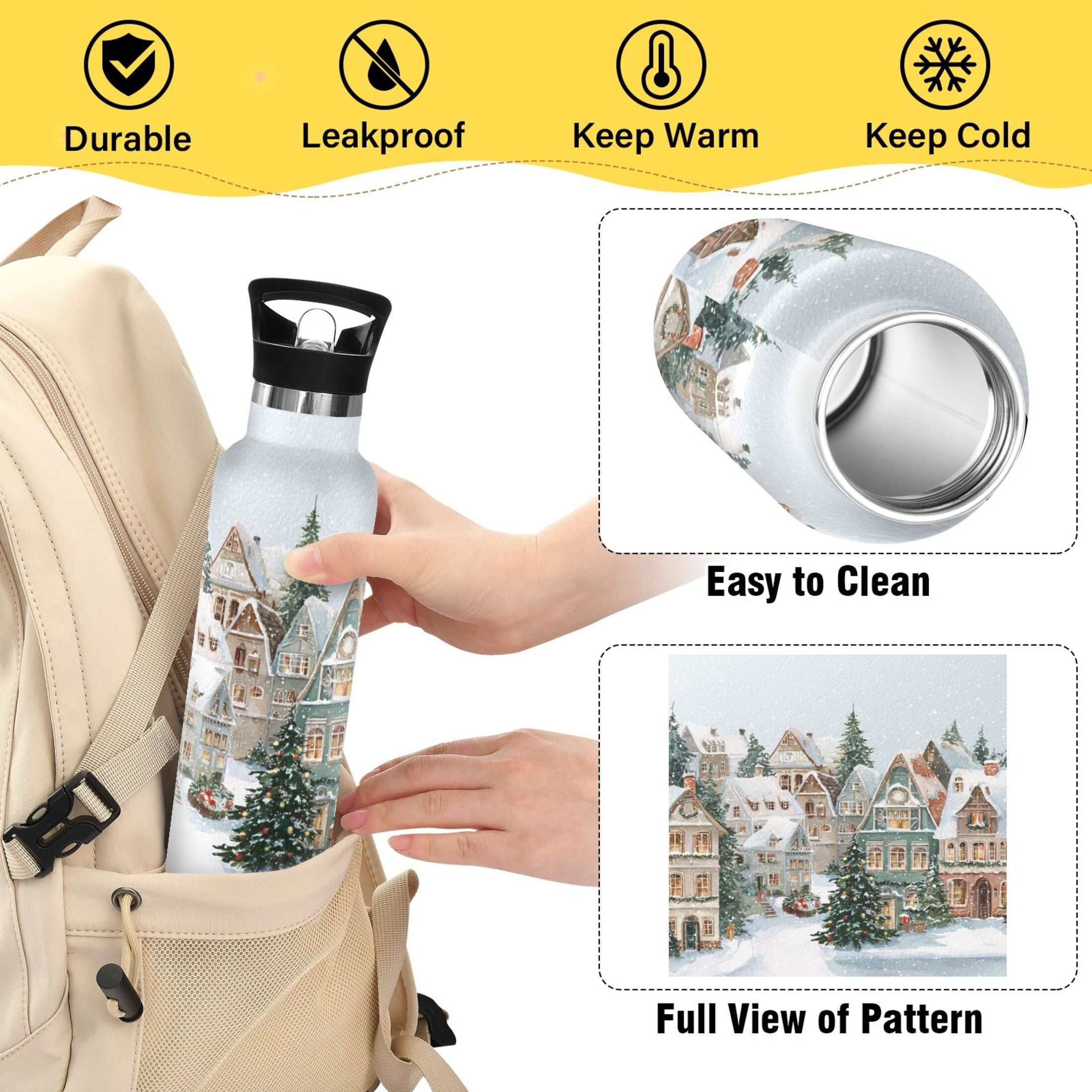 Kids Insulated Stainless Steel Sports Water Bottle 600ml (20oz) Cozy Winter Town with Snow
