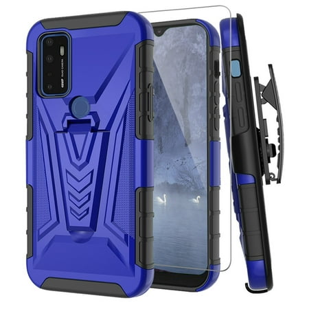 TJS Phone Case for Cricket Dream 5G / Innovate 5G / AT&T Radiant Max 5G / Fusion 5G, with Tempered Glass Screen Protector, 3 in 1 Combo Belt Clip Holster Resist Rugged Kickstand Phone Cover (Blue)