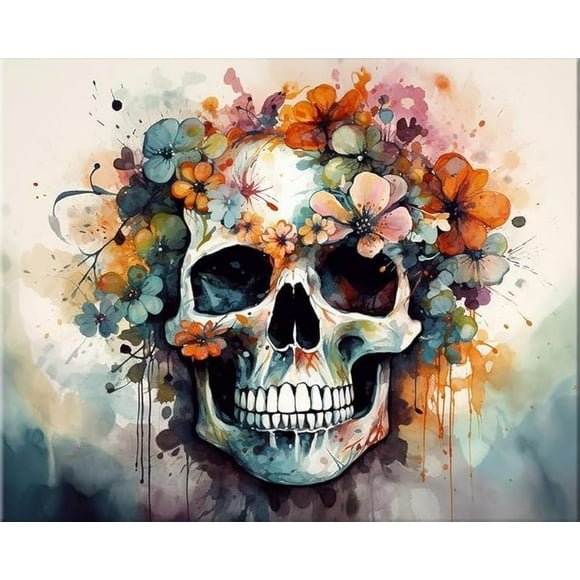 shiyou-Diamond Painting Kits for Adults, Skull with Floral Diamond Art for Beginner DIY Round 5D Paint by Diamonds Pictures Gem Full Drill Diamond Dots for Home Wall Decor Gifts 12x16inch