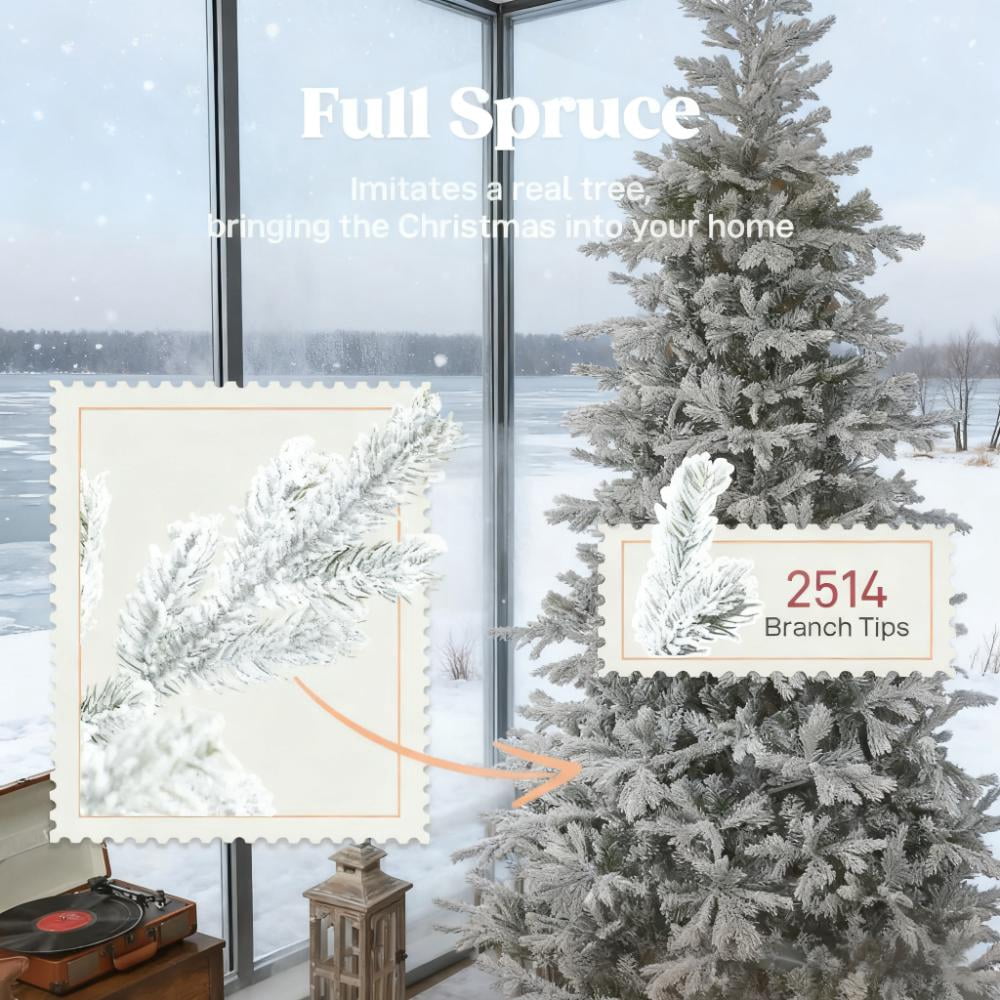 9ft Snow Flocked Full Christmas Tree 2514 Tips Quick Setup Flame Retardant Indoor Holiday Decor