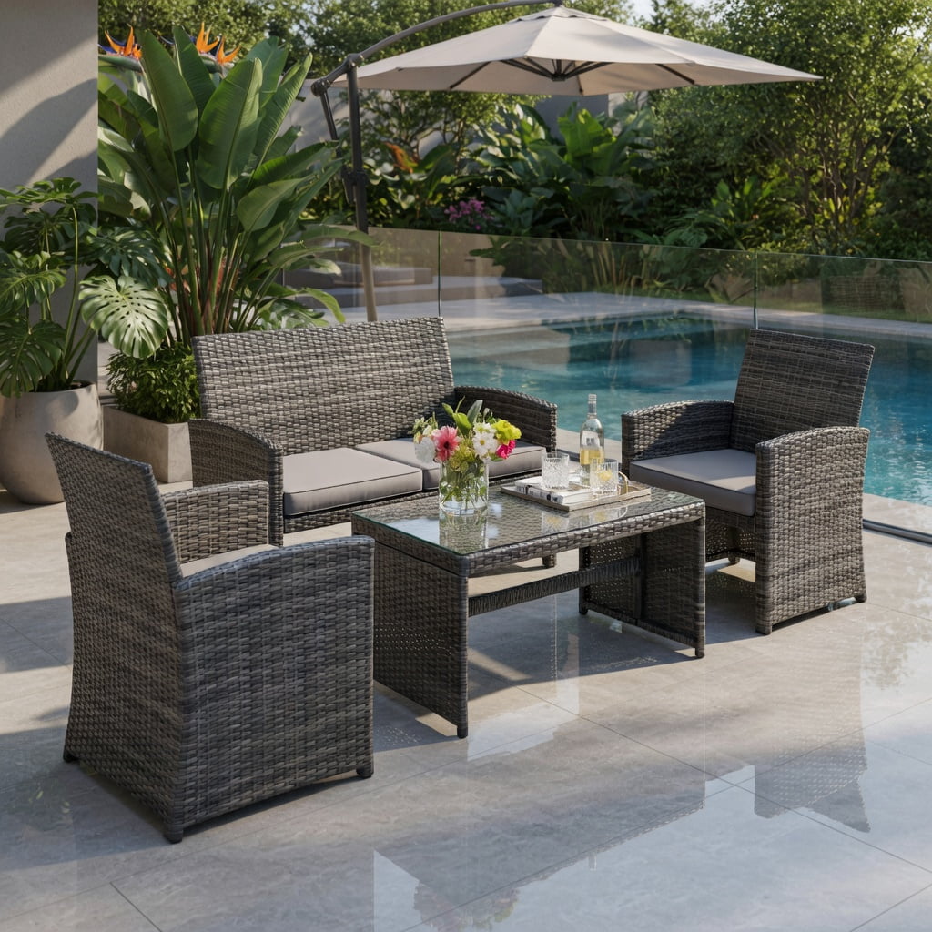 Hommoo 4-Piece Outdoor Rattan Patio Furniture Set, PE Wicker Loveseat, 2 Single Chairs & Tempered Glass Coffee Table for Backyard, Balcony, Garden, Gray