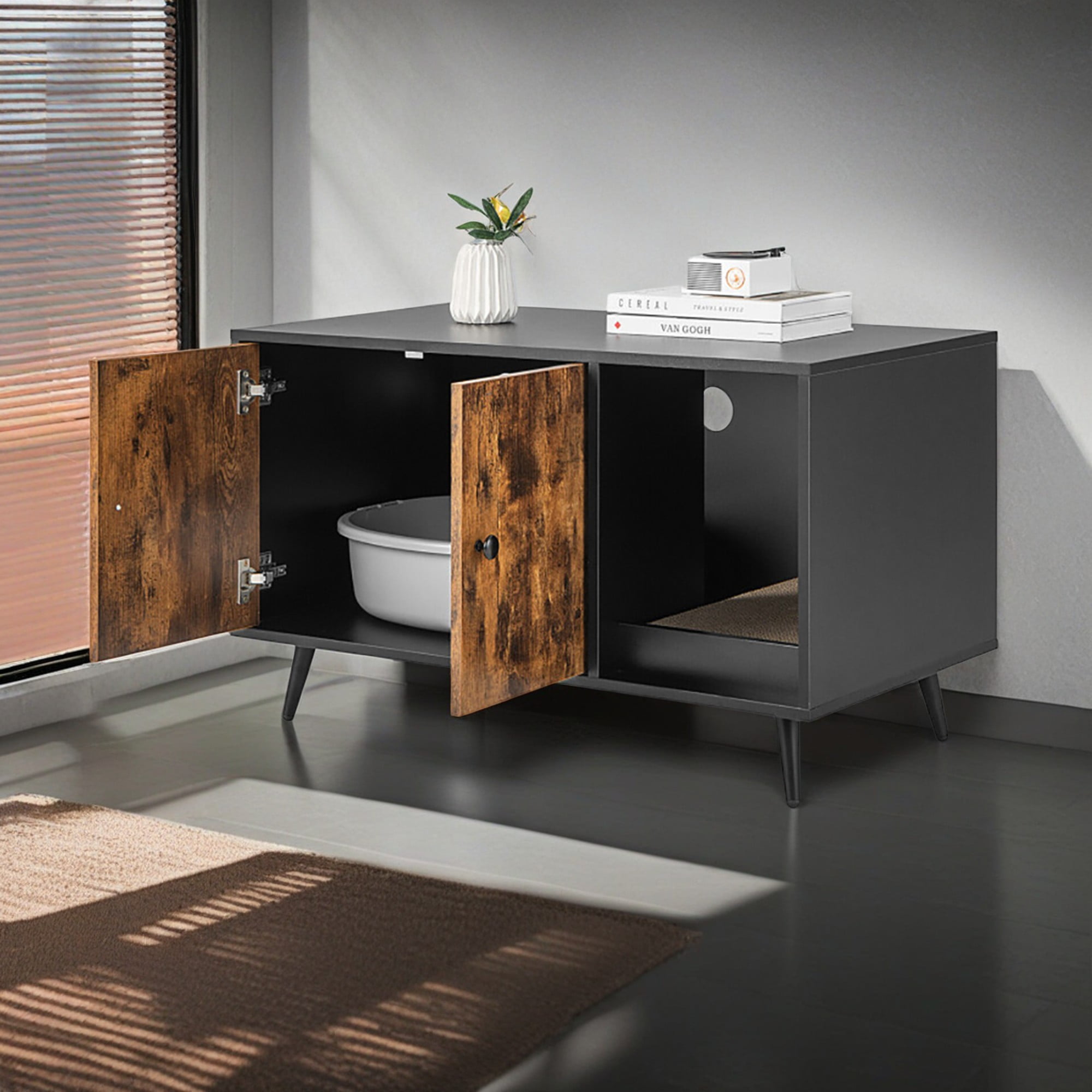 resenkos 35" Cat Litter Box Furniture Hidden, Cat House Enclosure with Double Door, Wood Cat Washroom Storage Spacious Storage, Black