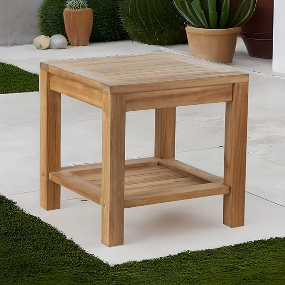 RRI Goods Square Side Table with storage shelf, Teak Wood Patio End Table