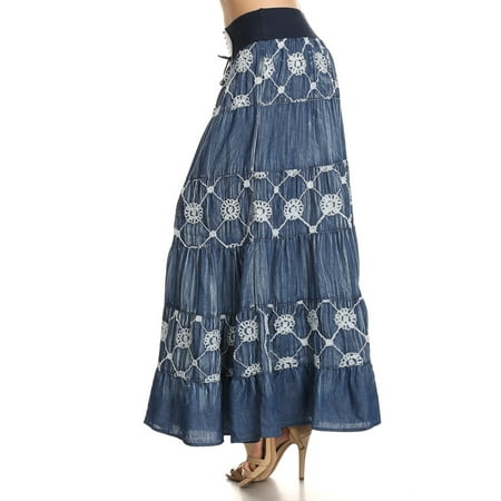 Flare Tiered Layers Denim Skirt with a Banded Waist Tie and an A Line Silhouette