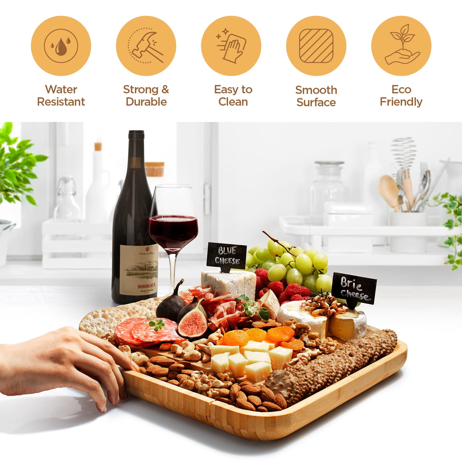 Bambusi Bamboo Cheese Board with Cutlery Set, Includes 4 Stainless Steel Serving Utensils, 3 Labels & 2 Chalk Markers