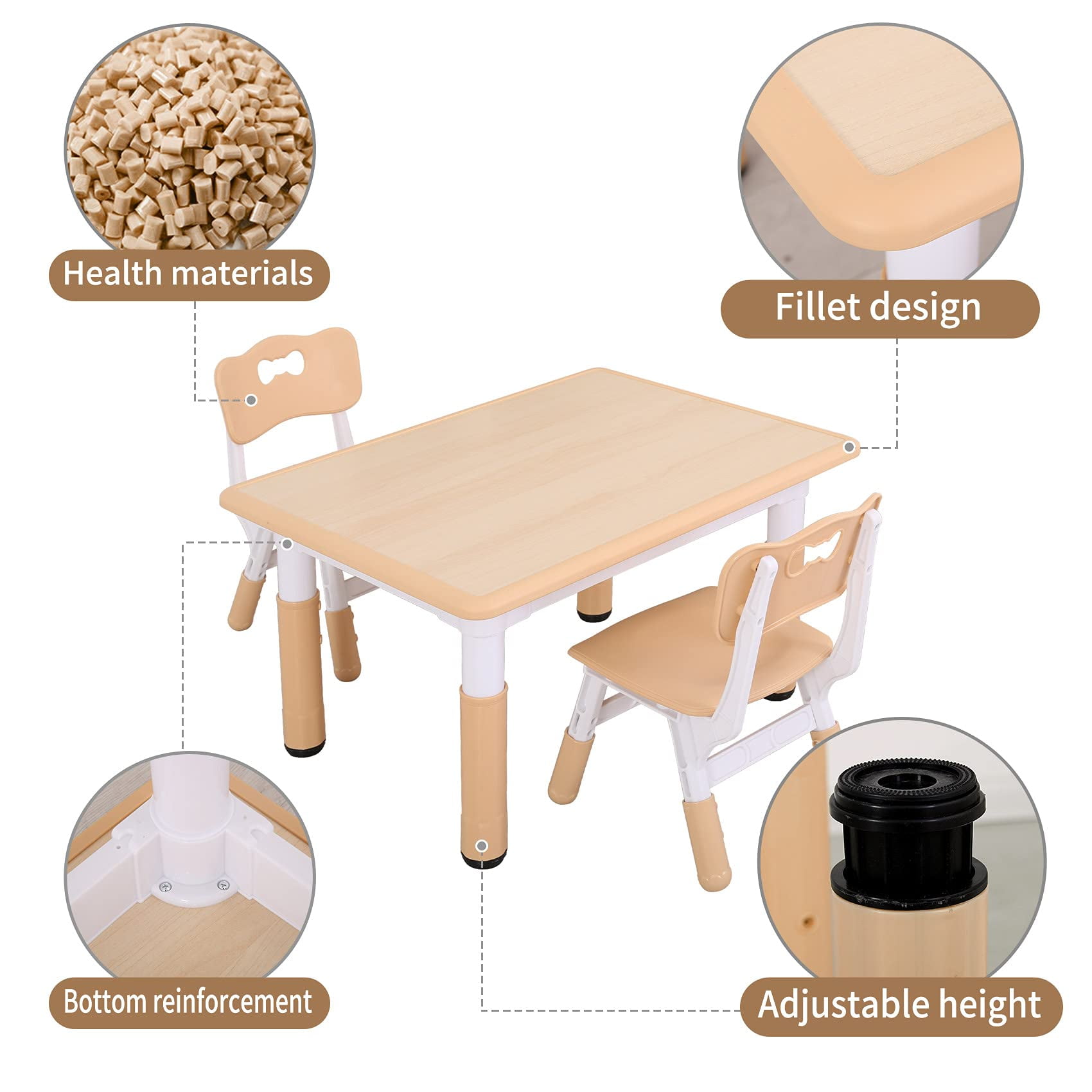 Unicoo Kids Table and Chair Set, Adjustable Height Toddler Table with 2 Chairs, Rounded Edges, Easy-to-Wipe