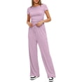 thumbnail image 6 of Two Piece Sets for Women Summer Casual Outfit Sets Solid Color Button Down Round Neck Short Sleeve Tops and Drawstring Wide Leg Pants with Pocket Sets Relaxed Vacation Wear, 6 of 9