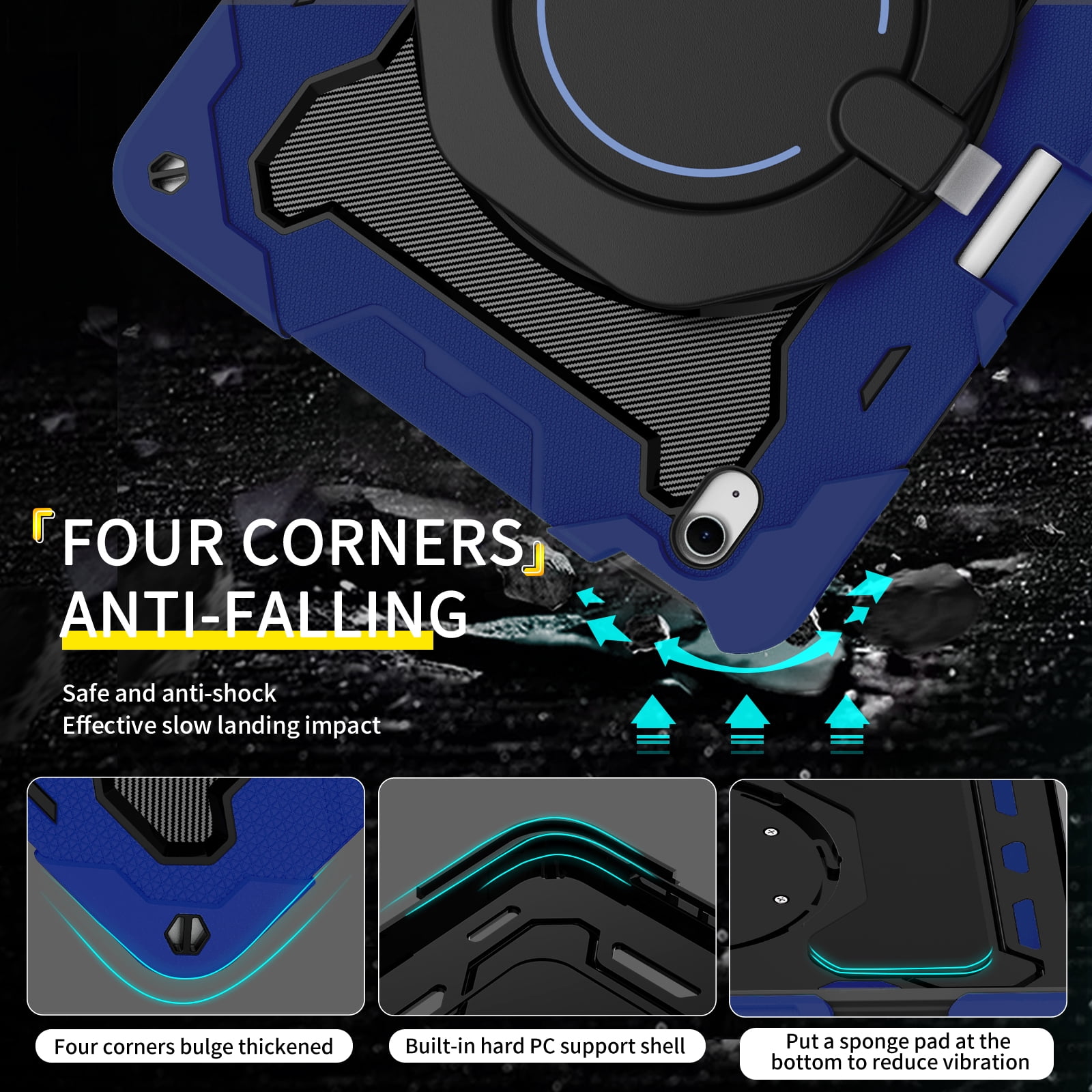 Allytechgroup for iPad Air 13 inch M2 Case 2024 with Pencil Holder, 360° Rotating Handle Grip Stand Cover Heavy Duty Military Grade Protection Rugged Shockproof Kickstand Kids Girl Case, Darkblue