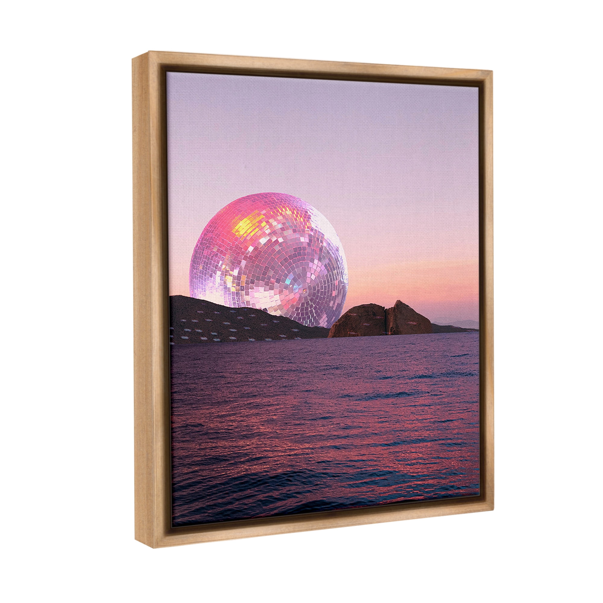 Stupell Industries Disco Ball Sunset Landscape Painting Brown Floater Framed Canvas Art Print Wall Art, 25 x 31