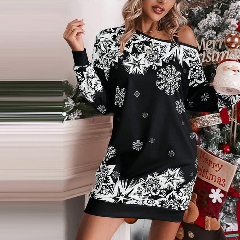cold shoulder christmas dress Lovskoo Women's Christmas Dresses Cold Shoulder Fall Dresses for Women Long Sleeve Dress Casual Mini Dress Black, Size: Large