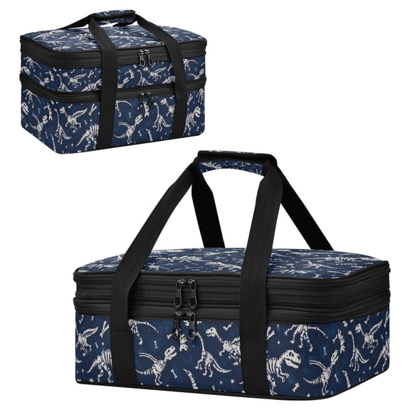 Large Double Decker Insulated Casserole Carrier Expandable 2-Layer Thermal Food Tote Bag Retro Dinosaur Skeleton Pattern Hot Cold Pizza Lasagna Holder for Potluck Picnic Party Camping