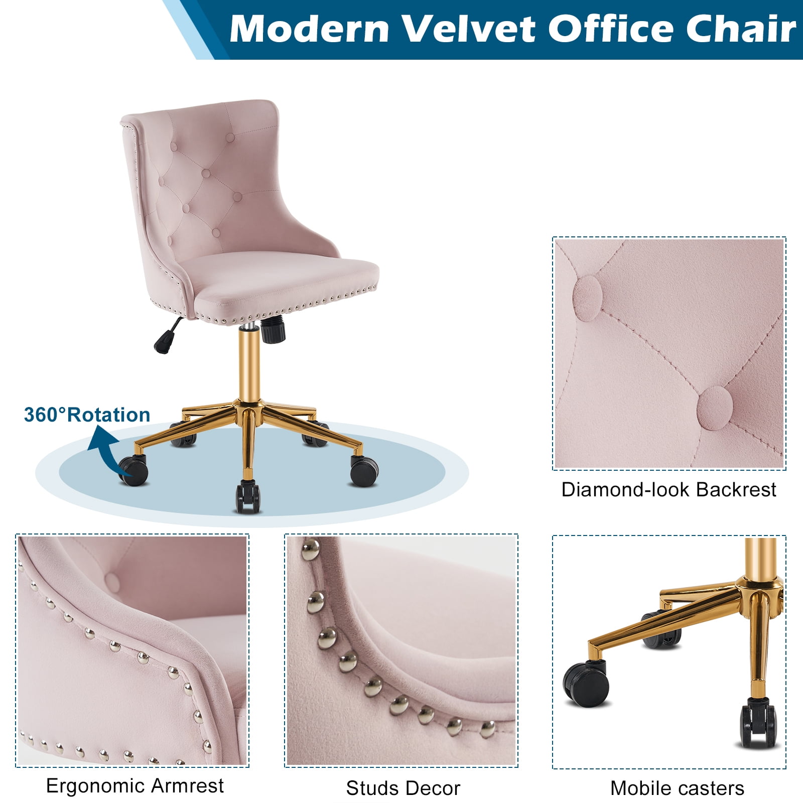UBesGoo Armless Office Chair Flannel Computer Task Chair Adjustable Swivel Vanity Chair with Ergonomic Backrests and Wheels for Conference and Home Light Pink & Gold