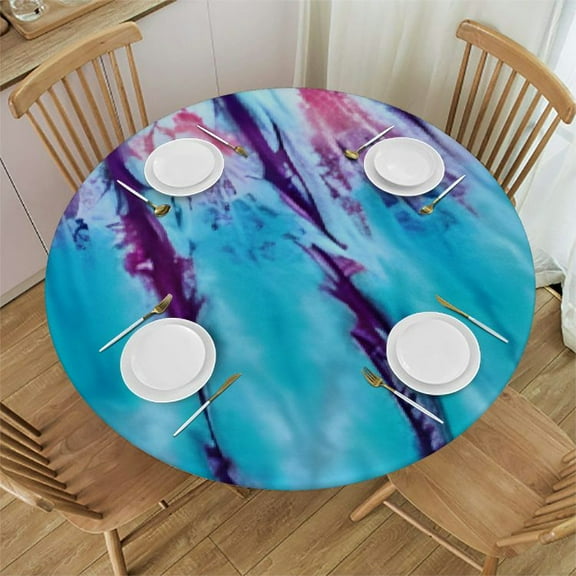 HAOXIT Tie Dye Round Fitted Tablecloth, Close up of Vertical Gradient Tie Dye Effect Retro Artwork, Elastic Edge, Suitable for Table Decoration, Buffet and Camping, Fit for Round Table 31-35