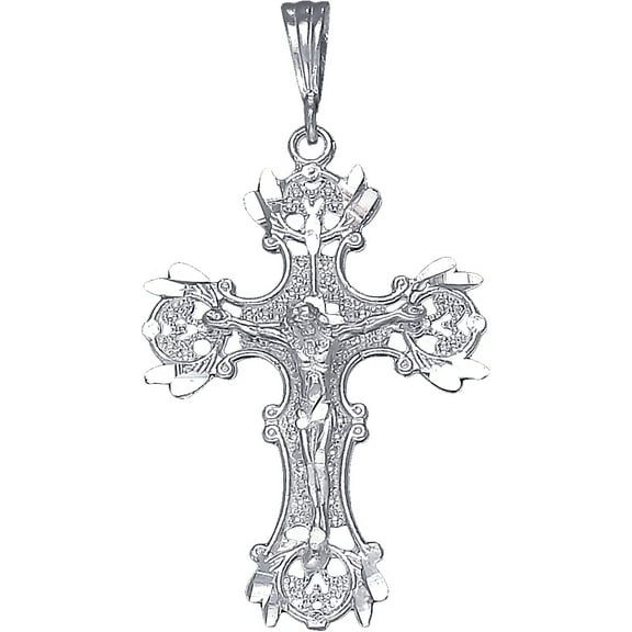 Large Sterling Silver Cross with Jesus Pendant Necklace with Diamond Cut Finish