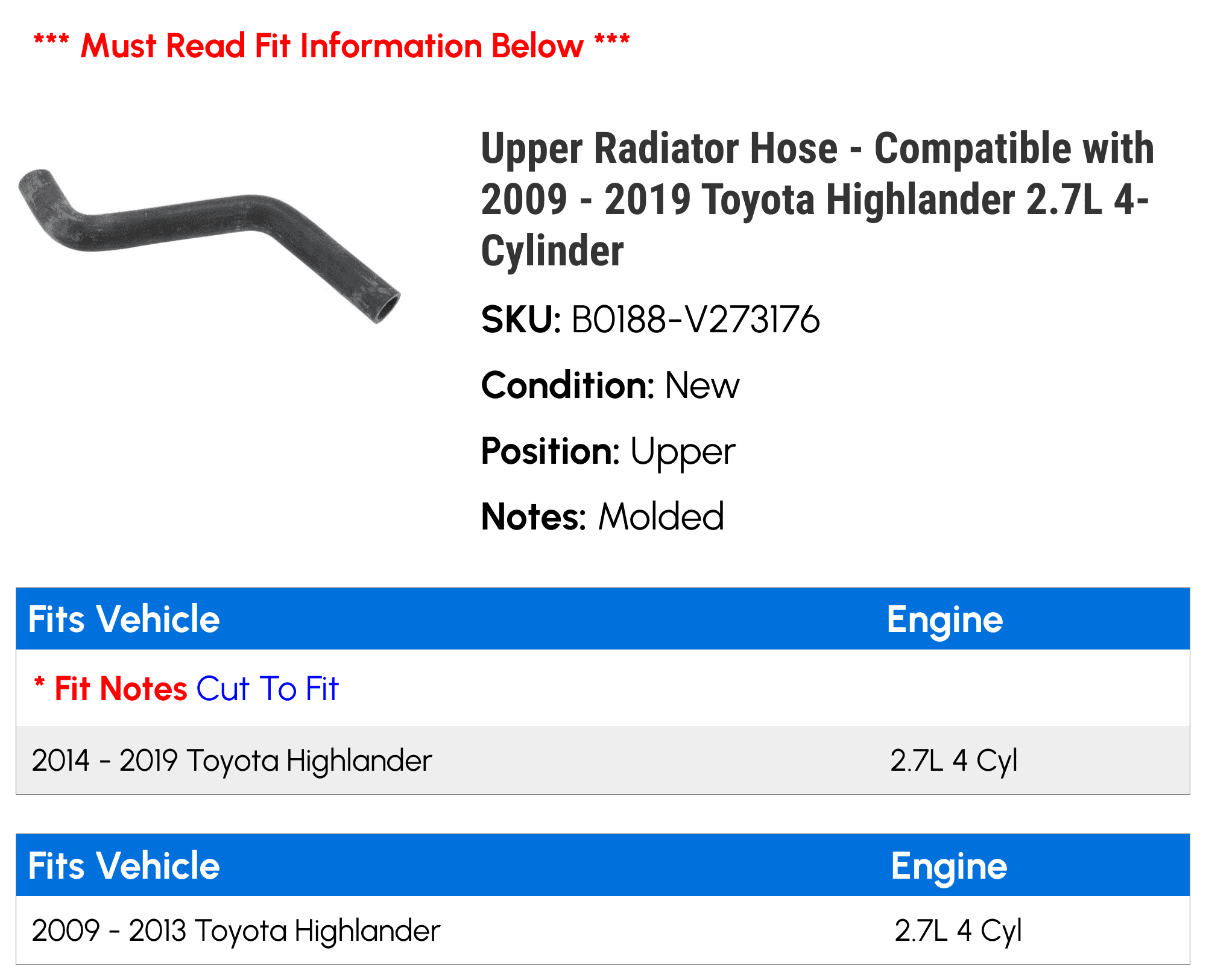 Upper Radiator Hose - Compatible with 2009 - 2019 Toyota Highlander 2.7L 4-Cylinder 2010 2011 2012 2013 2014 2015 2016 2017 2018