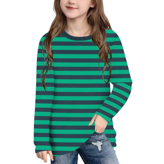 Oiangi Girls Striped Long Sleeve Shirts Crew Neck Lightweight Fall T-Shirt Teen Casual Daily Wear Tees Green 13 Years