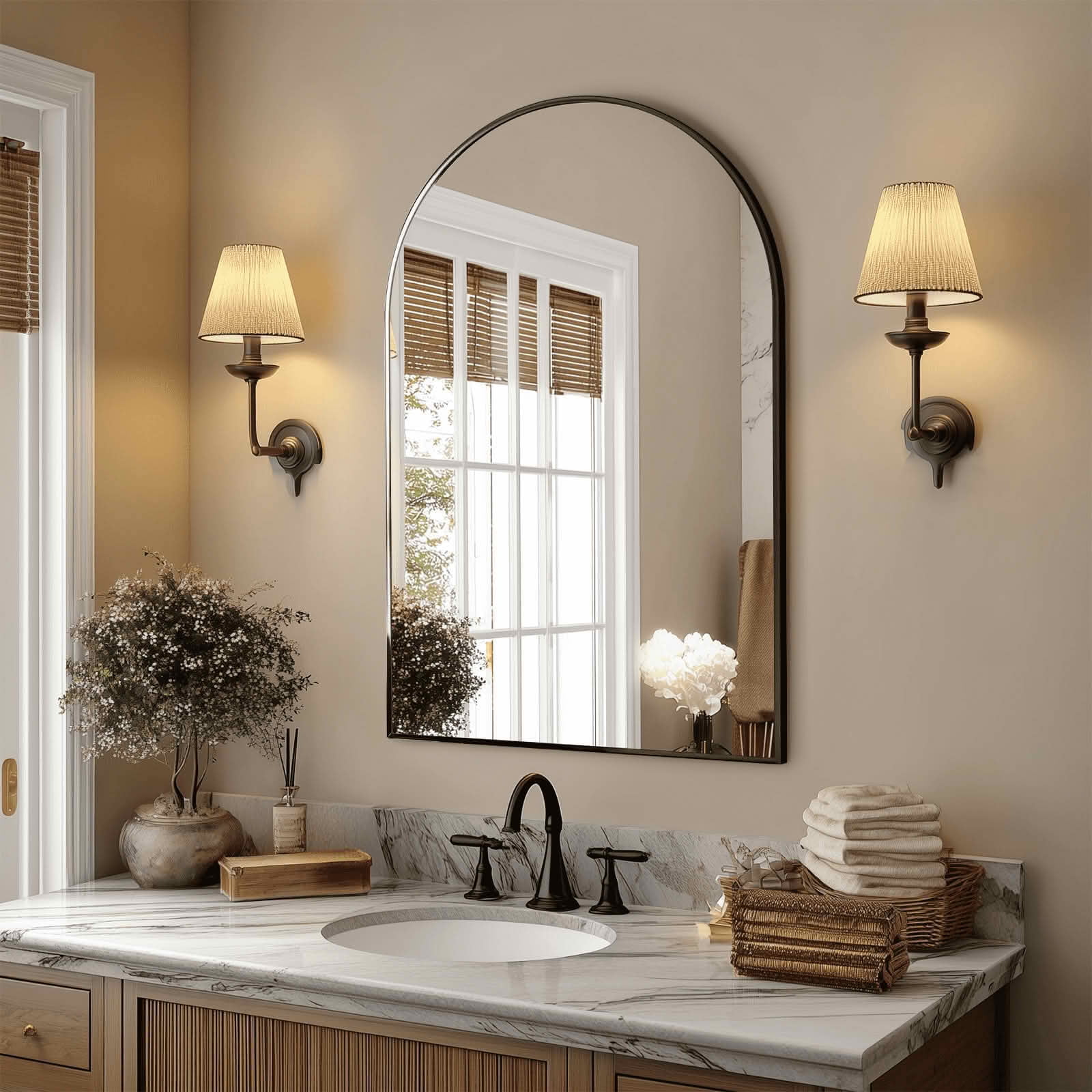 MAYEERTY 24"x36" Arched Bathroom Wall Mirror, Metal Frame, Bedroom Entryway Living Room，Black