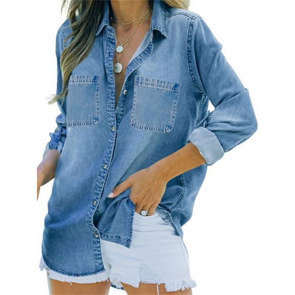Long Sleeve Turn-Down Collar Women Denim Blouse Button Tops