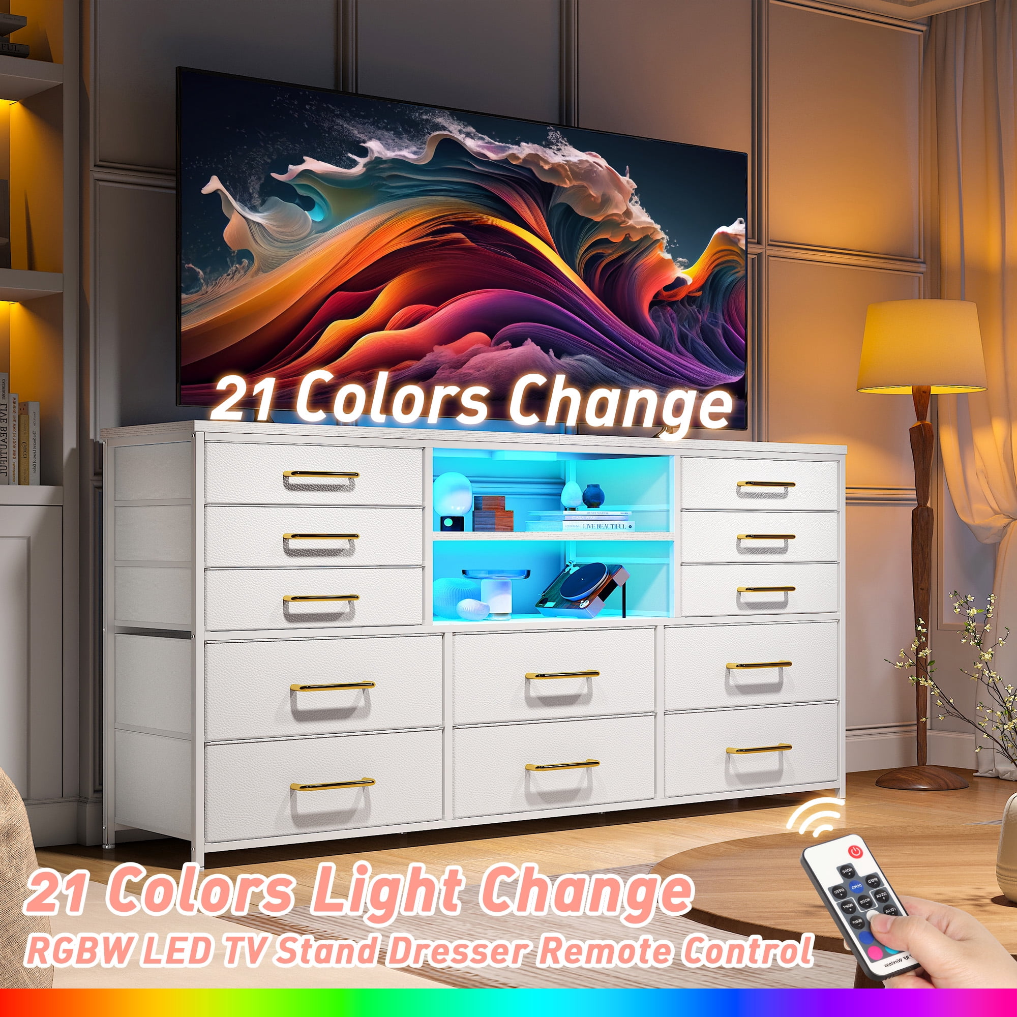 EnHomee White Dressers for Bedroom with LED Lights TV Stand with Power Outlet for 55'' TV with 12 Fabric Drawers