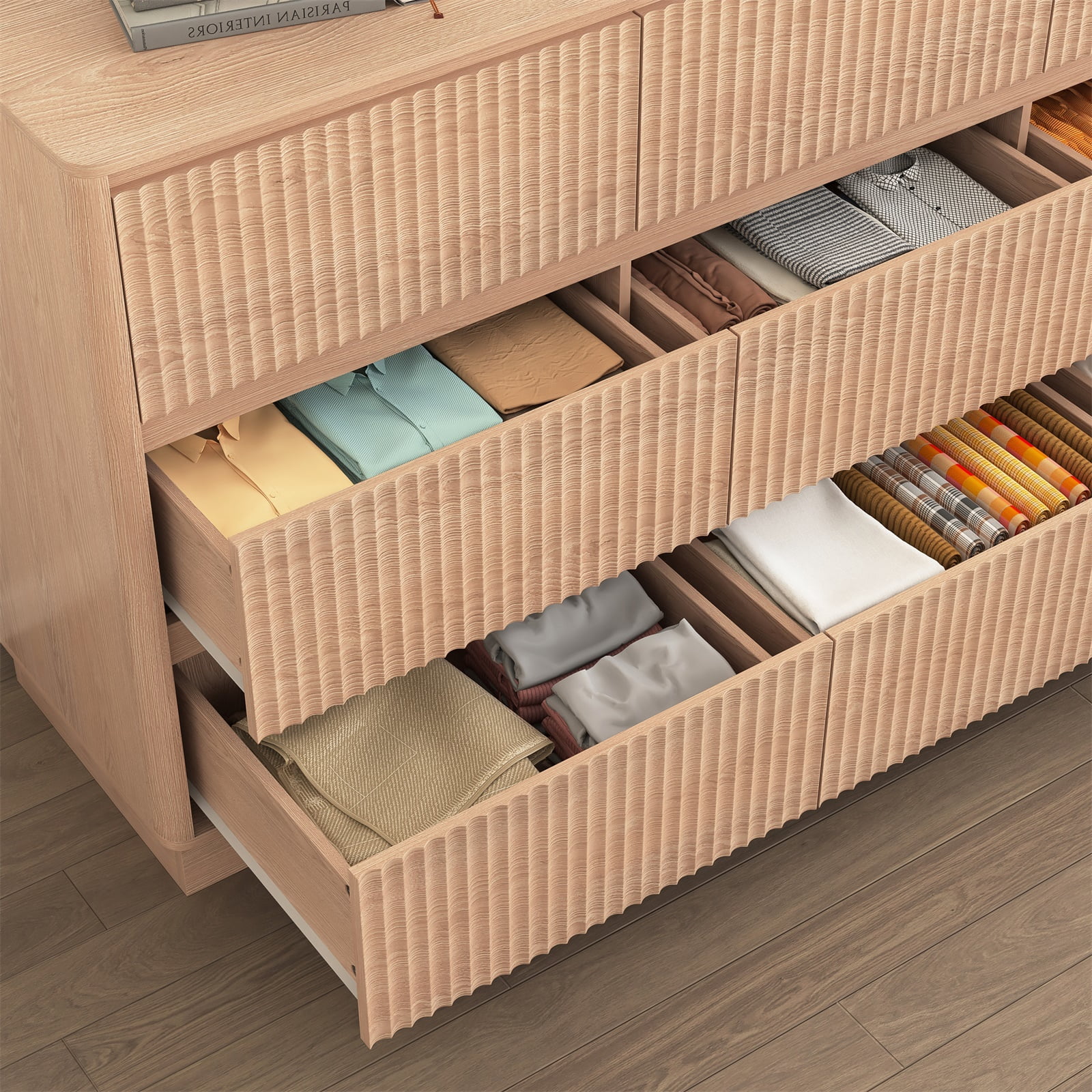 Hommoo Modern 9-Drawer Wood Dresser, Fluted Chest of Drawers, Multifunctional Storage Cabinet Credenza Side Table, Natural