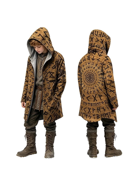 Kids Boys Jesus Hoodies Norse Mythology Hooded Cloak Outdoor Winter Jacket Coat Coffee 11-12 Years