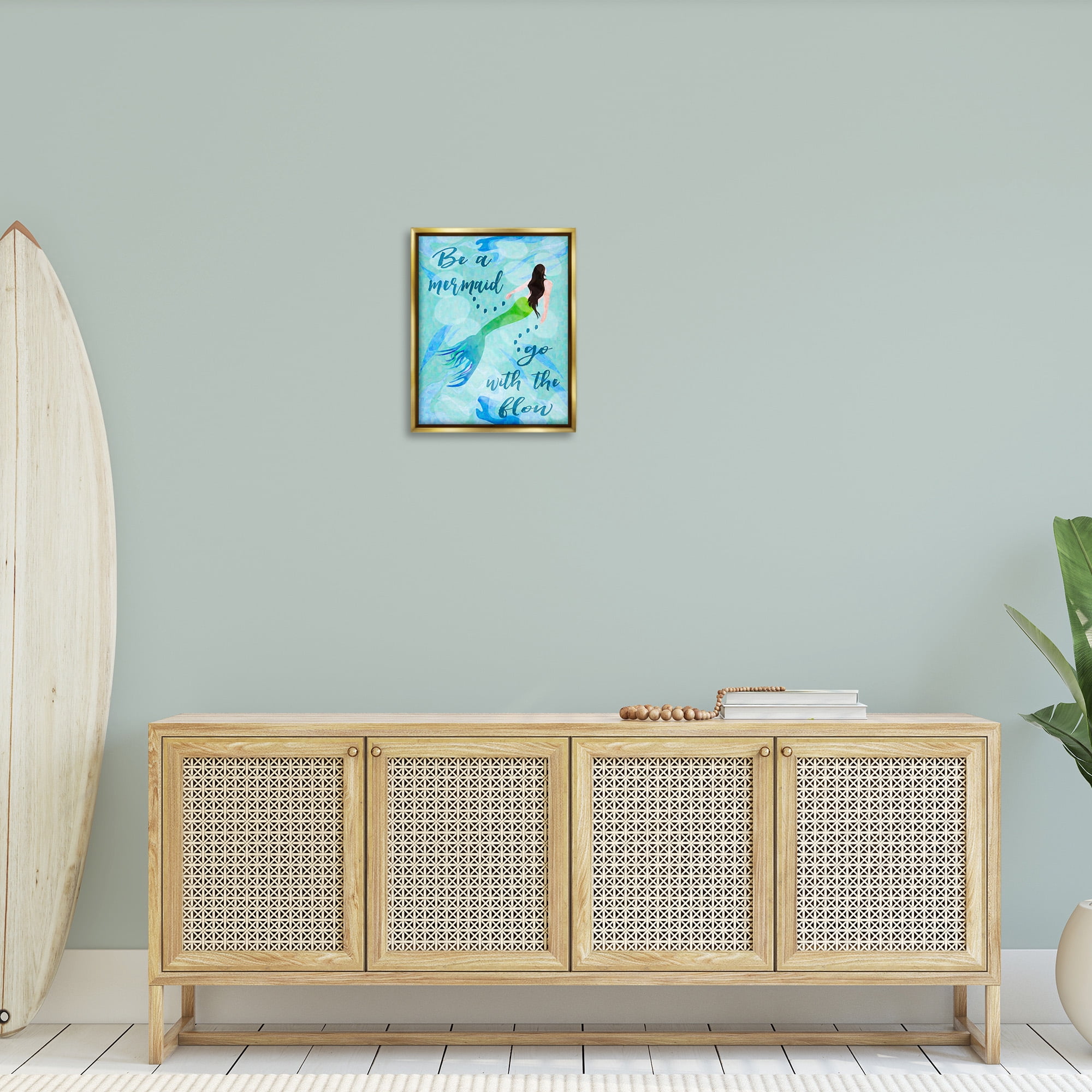 Stupell Industries Go With Flow Mermaid Abstract Painting Gold Floater Framed Canvas Art Print Wall Art, 17 x 21