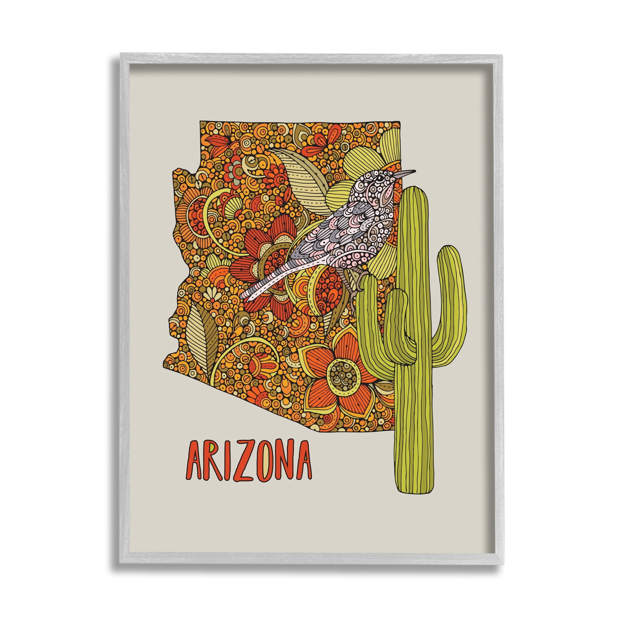 Stupell Industries Arizona State Bird Detailed Cactus Floral Pattern Graphic Art Gray Framed Art Print Wall Art, Design by Valentina Harper