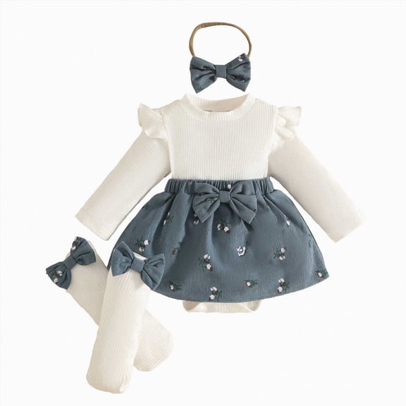 Gerichy Baby Girl Fall Winter Clothes Set Newborn Romper Dresses Outfit Long Sleeve Knitted Romper Dress Sock Headband Outfits 0-18 Months