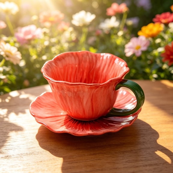 Hand-Painted 3D Red Poppy Flower Ceramic Coffee Mug & Saucer Set, 10oz (300ml), Dishwasher Safe, Floral Tea Cup for Coffee, Tea, Latte, Home Decor & Gifting