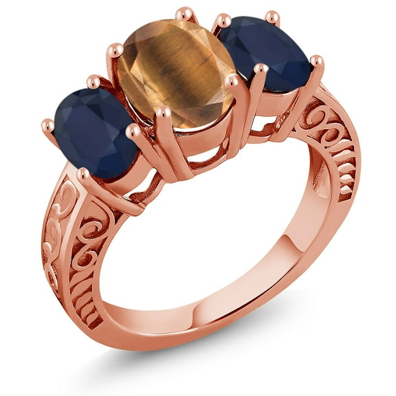 Gem Stone King 3.50 Ct Oval Brown Tiger Eye Blue Sapphire 18K Rose Gold Plated Silver Ring (Size 6)