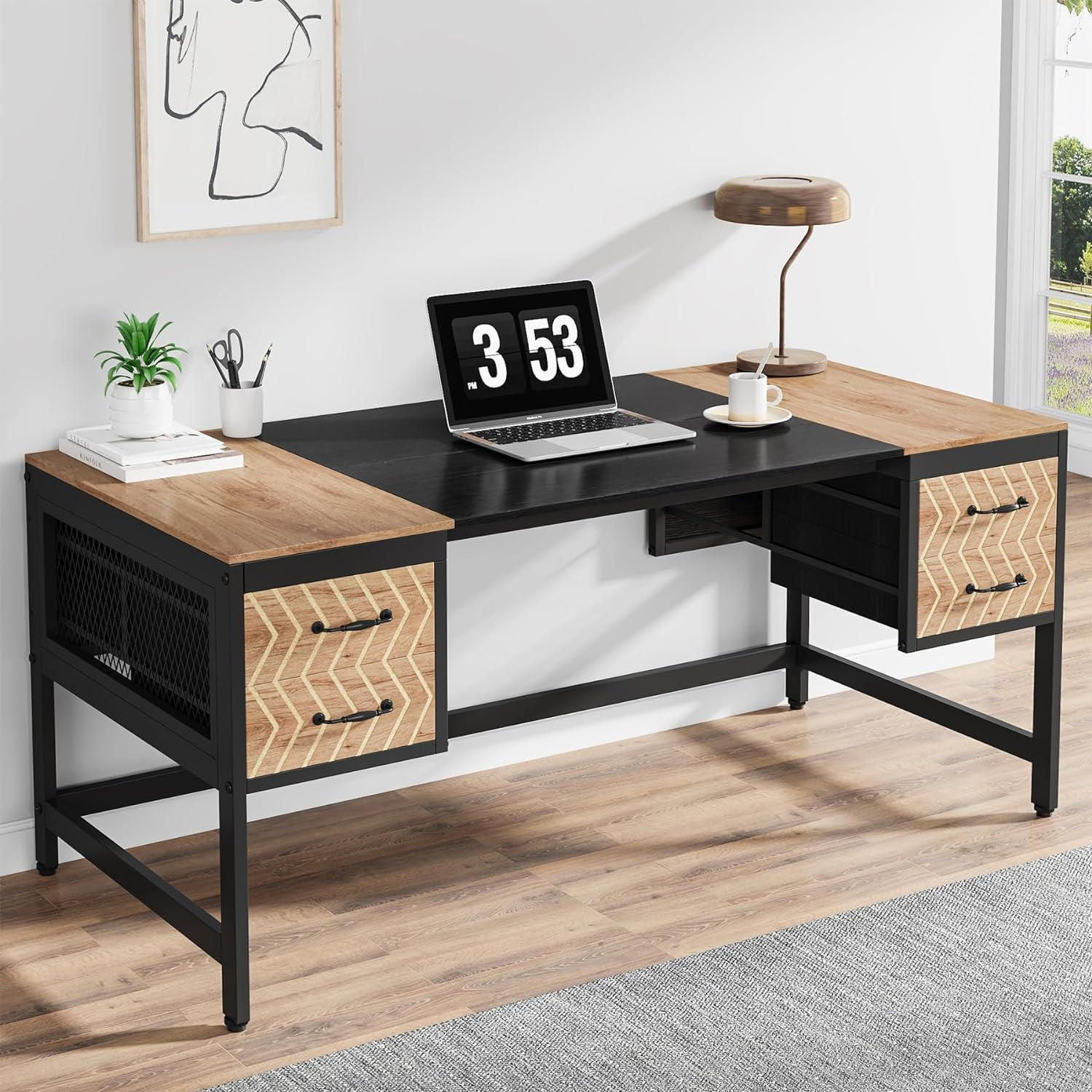 PurelyGoods  Computer Executive Desk with Drawers: 63" Computer Desk with 4 Storage Drawers, Wood Farmhouse Study Writing Table, Herringbone Business Furniture for Home Office