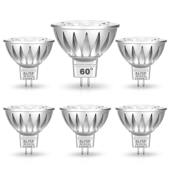 ALIDE MR16 Led Bulbs 60° (60 Degree)Wide Beam Angle,5W Replace 20W 35W Halogen,2700K Soft Warm White,Low Voltage 12volt MR16 GU5.3 Bulb Spotlights for Track Recessed Landscape Lighting,450lm,6 Pack