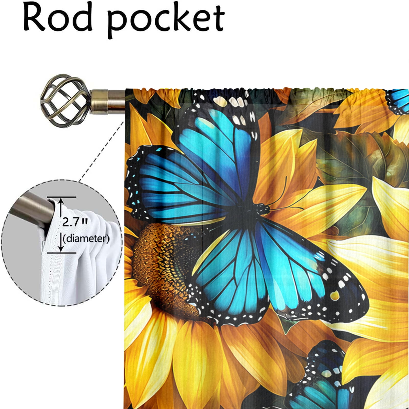 WNOOHIY Rustic Sunflower Butterfly Light-filtering Curtains for Bedroom Living Room,Window Treatment, Home Decor,Set of 2 Panels