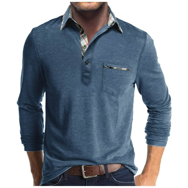 Blusa y camisa de manga larga con cuello vuelto para hombre, camisa de otoño invierno con botones y bolsillo, camisa de manga larga con cuello vuelto, camisa de poliéster para hombre