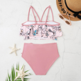 thumbnail image 2 of Women's Bikini Split 2-piece Suit, High-waisted Drawstring, Ruffle Edge and Rope Swimsuit, for Beach, Swimming Pool, Pink (L), 2 of 4