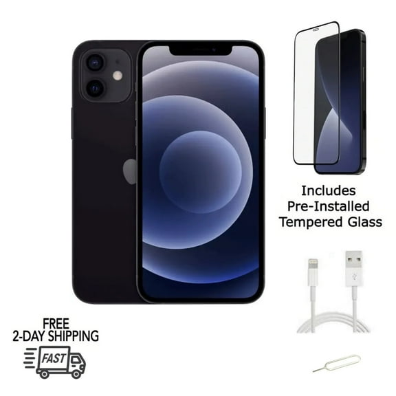 Pre-Owned Apple iPhone 12 (Fully Unlocked) 128GB Black (A2172) Bundle with Pre-Installed Tempered Glass