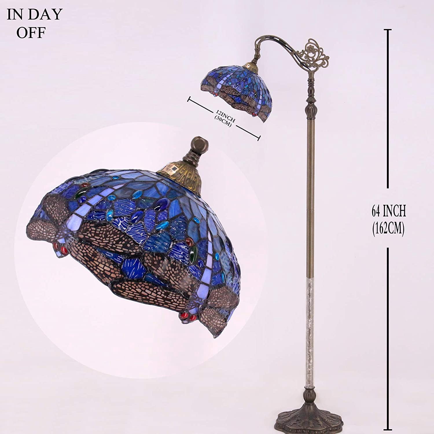 Tiffany Floor Lamp 64"Tall Industrial Pole Vintage Boho Blue Stained Glass Dragonfly Standing Corner Bright Reading Light LED Arched Gooseneck Adjustable Living Room Kids Bedroom Farmhouse