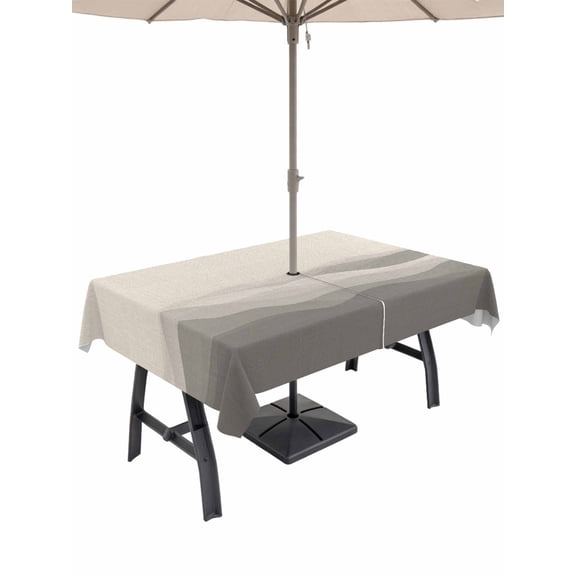 Outdoor Tablecloth with Umbrella Hole, Grey Beige Ombre Spillproof Waterproof Outdoor Table Cover, Minimalist Ocean Waves Linen Patio Tablecloths for Party Picnic Camping, Rectangle 60"x120"