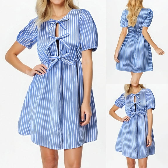 Antinious Ladies Summer Dress,Casual Beach Dresses for Women,Party Dresses for Women Sleeve Bow Dress Short Sleeve Round Neck Knee Length Dress,Blue,S
