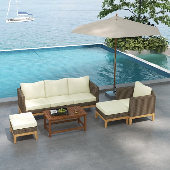 Outsunny Cushioned Patio Furniture Set, 5 PCs Wooden Frame PE Rattan Conversation Set, Cream White