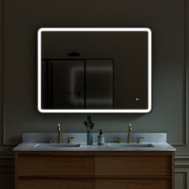 ANGELES HOME 48 x 36 inch LED Bathroom Mirror, LED Lighted Mirror for Bathroom, Wall Bathroom Vanity Mirror with Lights, Framed Round Corner Mirror with Dimmer, Anti-Fog, Vertical/Horizontal