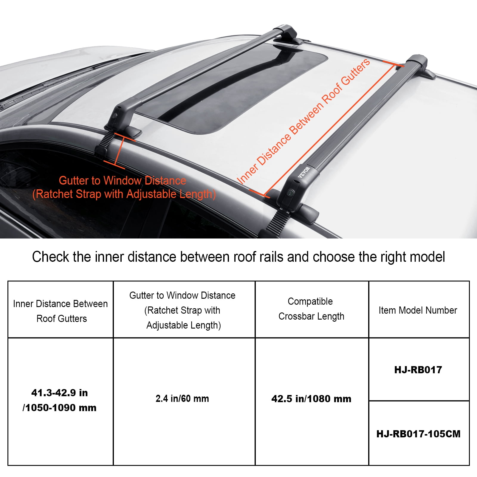 VEVOR Roof Rack Cross Bars, 41.3" Aluminum Roof Rack Crossbars, Fit Roof without Side Rail, 155 lbs Load Capacity, Adjustable Bare Roof Crossbars with Locks, for SUVs, Sedans