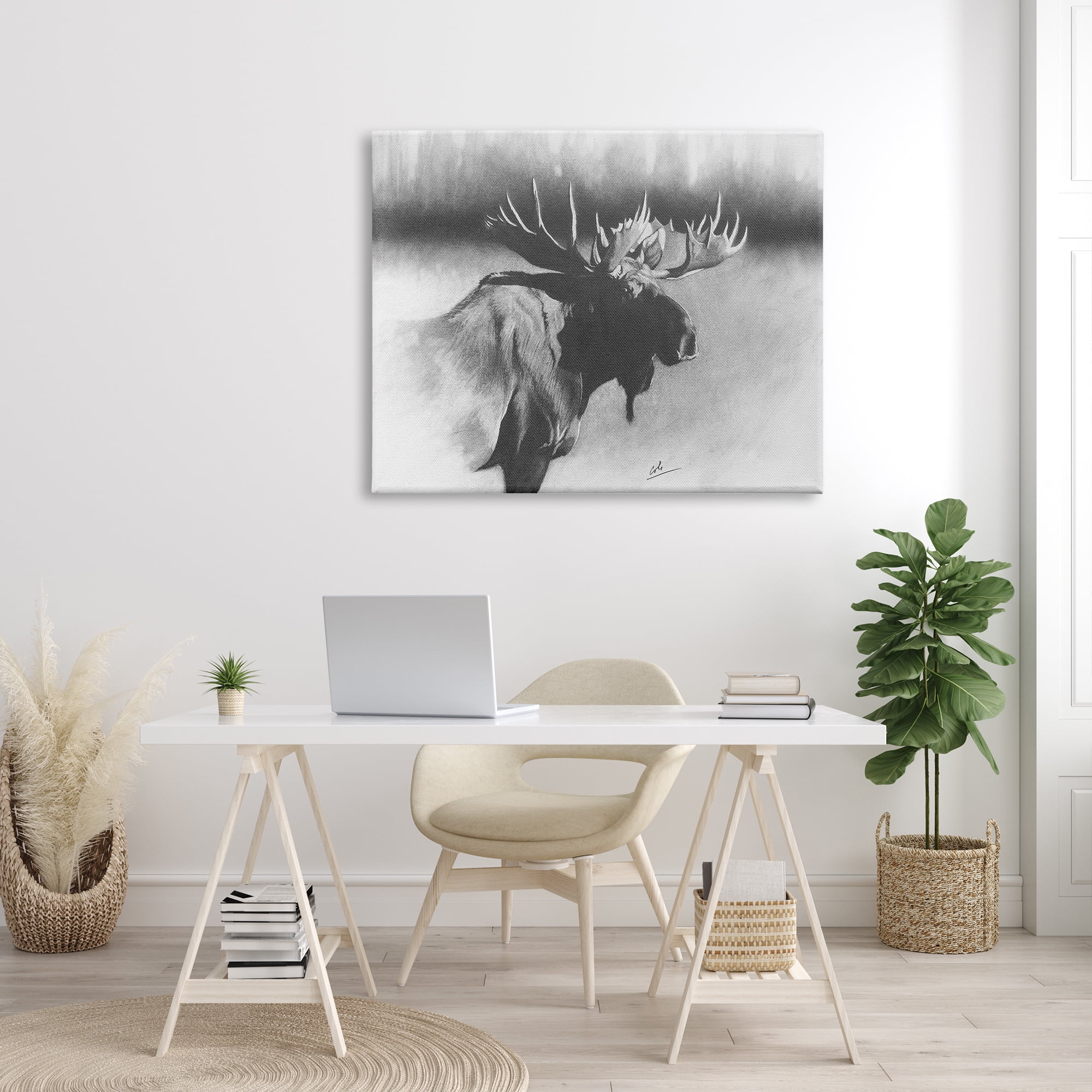 Stupell Industries Moose in Rustic Forest Realistic Pencil Animals & Insects Drawing Gallery Wrapped Canvas Print Wall Art, 36 x 48