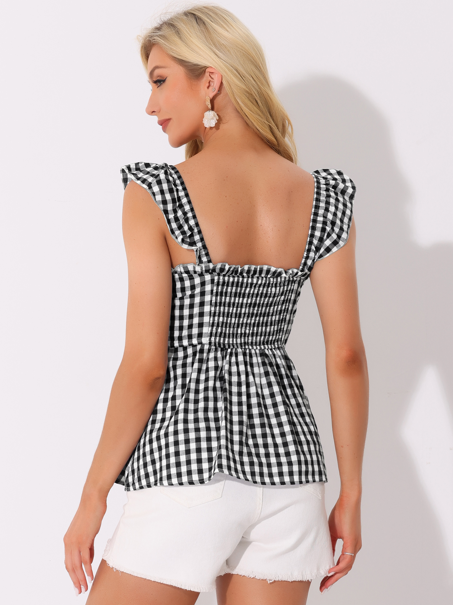 DARING DIVA Women's Gingham Peplum Square Neck Sleeveless Plaid Blouse L Black