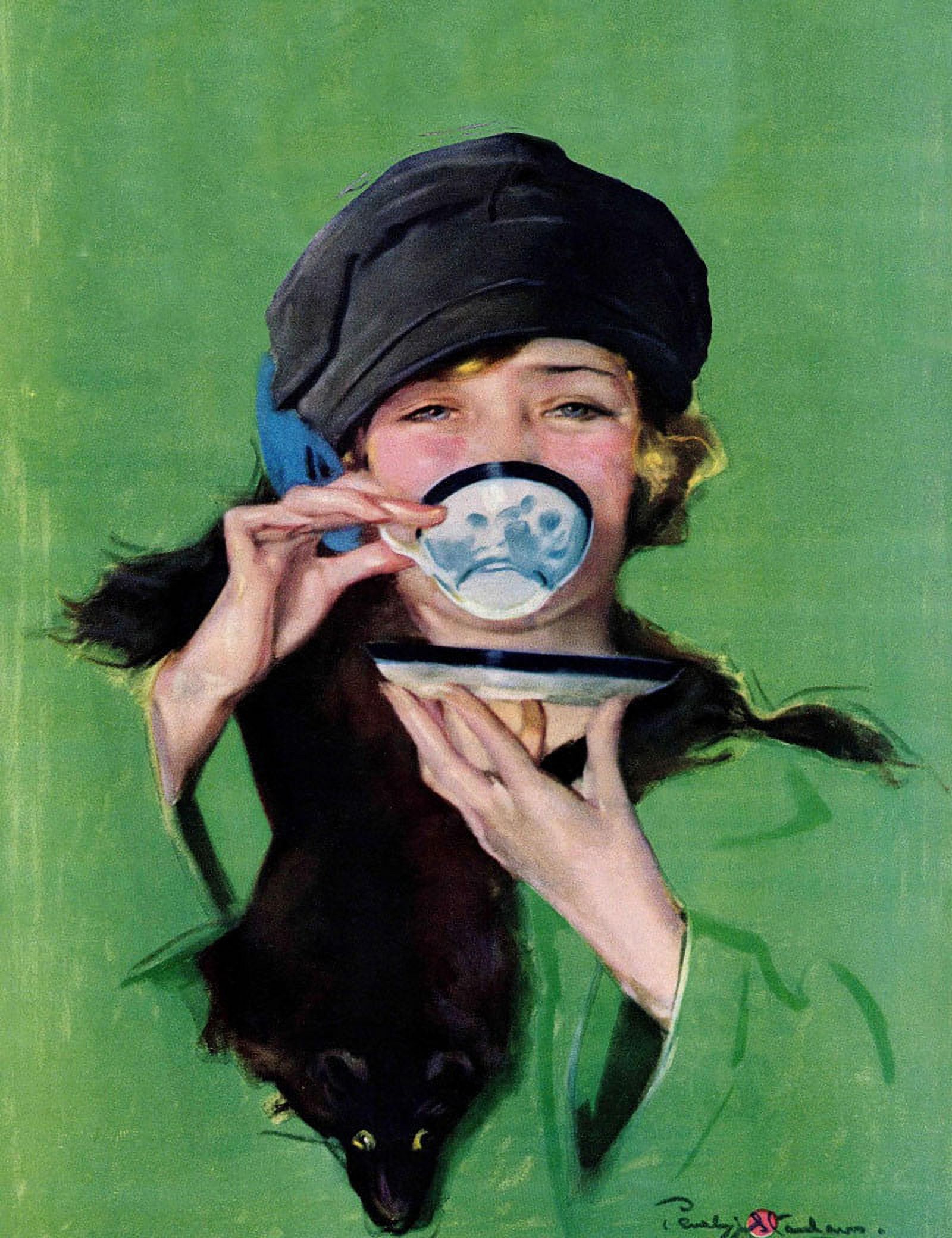 Marmont Hill "Elegant Lady Drinking Cup of Tea" by Penrhyn Stanlaws Painting Print on Canvas