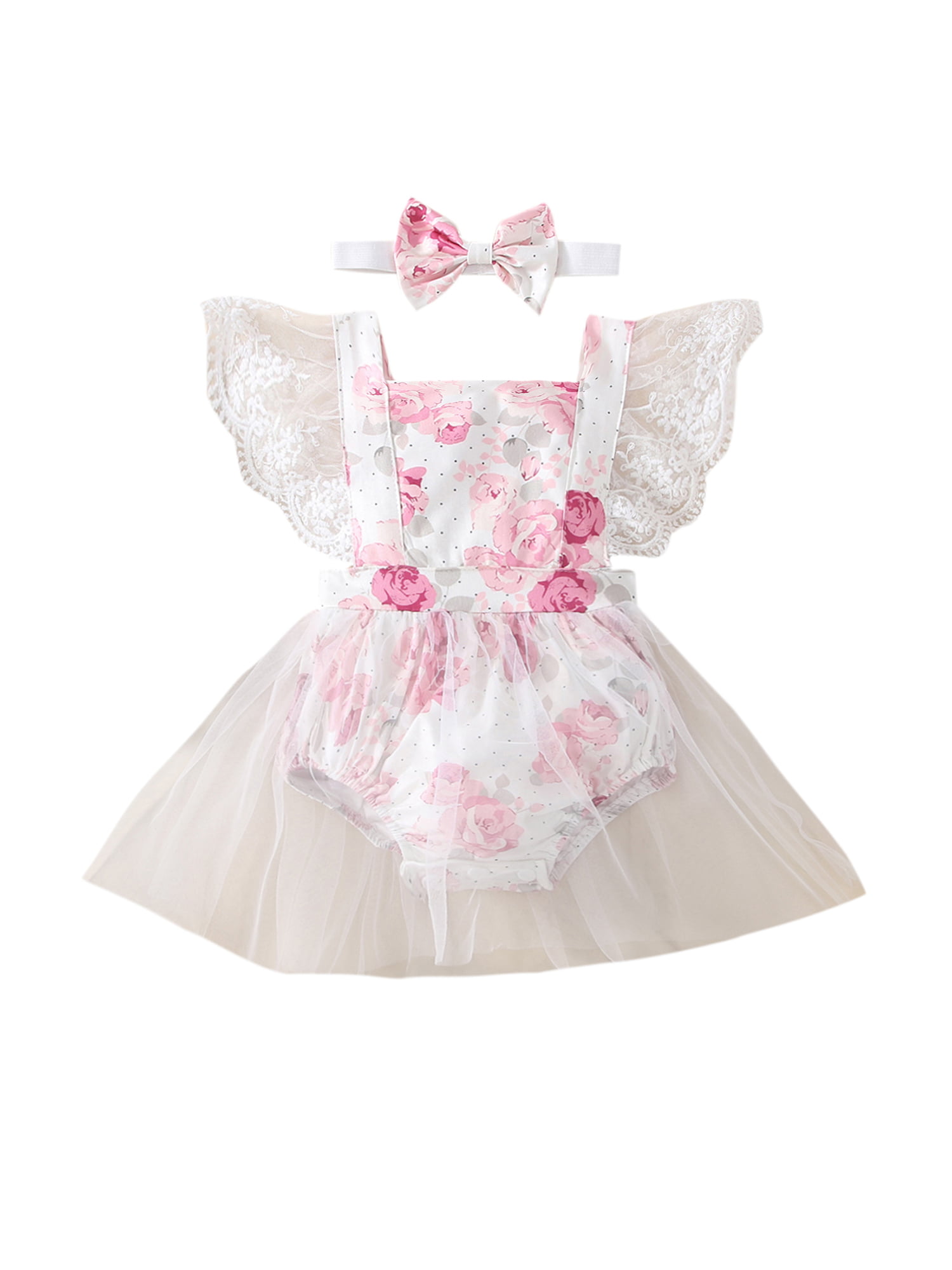 2PCs Easter Toddler Newborn Baby Girl Romper Jumpsuit V-Neck Lace Flying Sleeves Bunny Doll Princess Tutu Dress Bow Headband 0-24 Months Girls Bodysuit Crawling Pants Casual Clothes Set