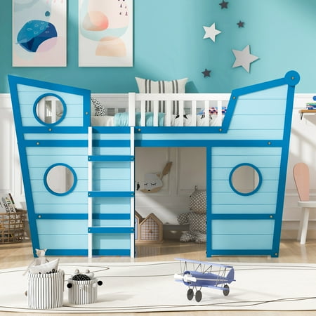 Boat Shape Design Loft Bed with Space Storage, Loft Beds Full Size with Full-Length Safety Bed, Full Size Boat Shape Loft Bed with Ladder for Kids, Teens, Adults Boys & Girls(Blue)
