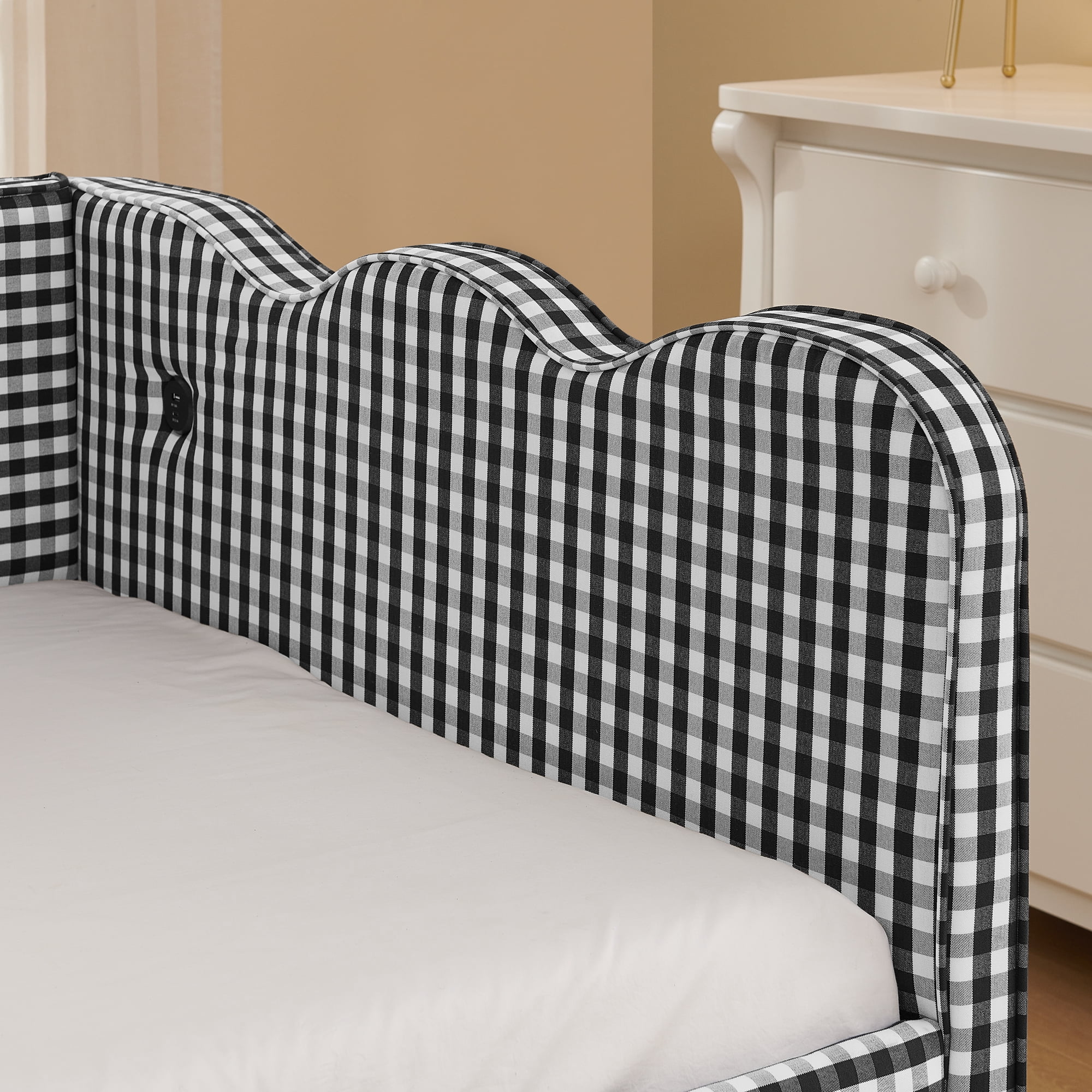 GARITIN Twin Size Daybed with Trundle, Gingham Sofa Bed with USB Port and Wavy Shape Headboard for Kids Room, Black
